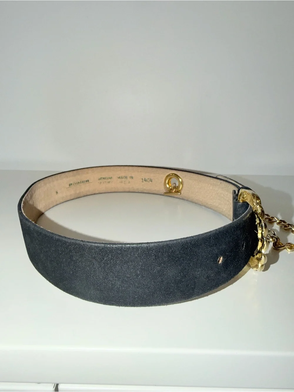 Vtg Rodier Black Genuine Leather Suede Belt with Gold Chain Accent, Sz S